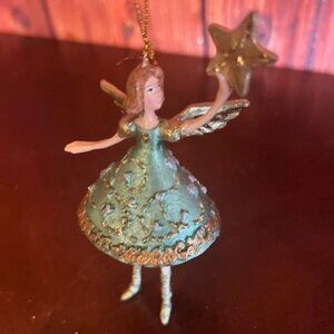 Gisela Graham Fairy‎ Christmas Ornament With Star - Green & Gold